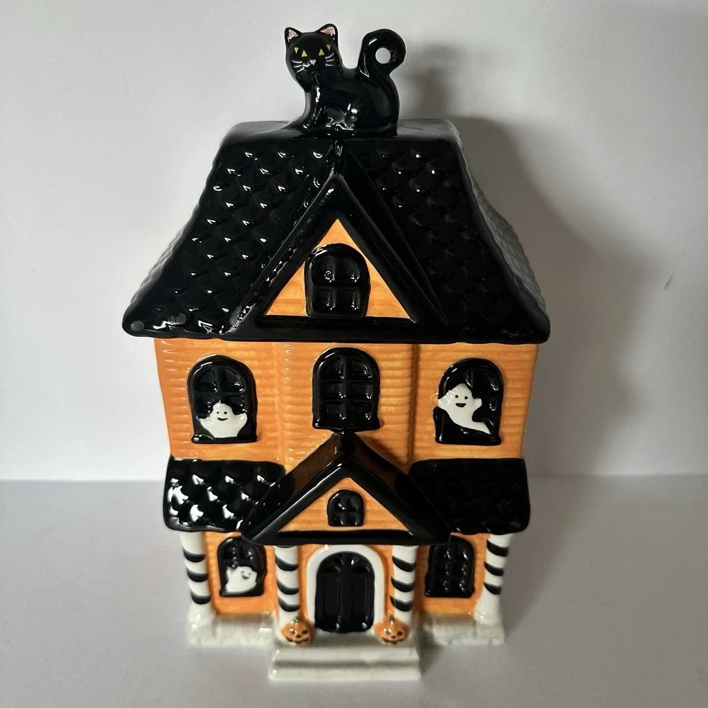Jack Lantern Lane Haunted House Ghost Cat Halloween Ceramic Cookie Jar